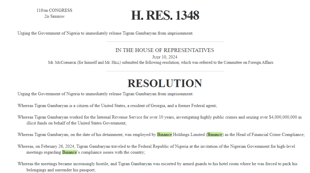 A copy of the U.S. congress resolution for Gambaryan’s release in Binance case