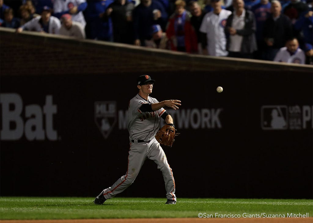 Kelby Tomlinson throws out Anthony Rizzo in the seventh inning.