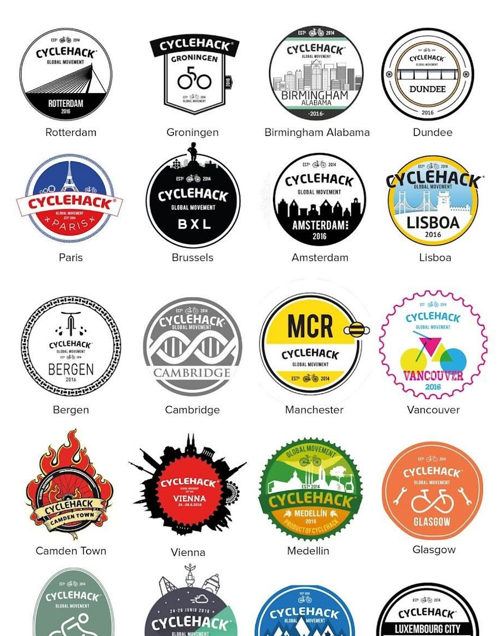 CycleHack badges customised from different cities.