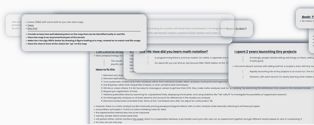 Various notes with different content floating on the screen