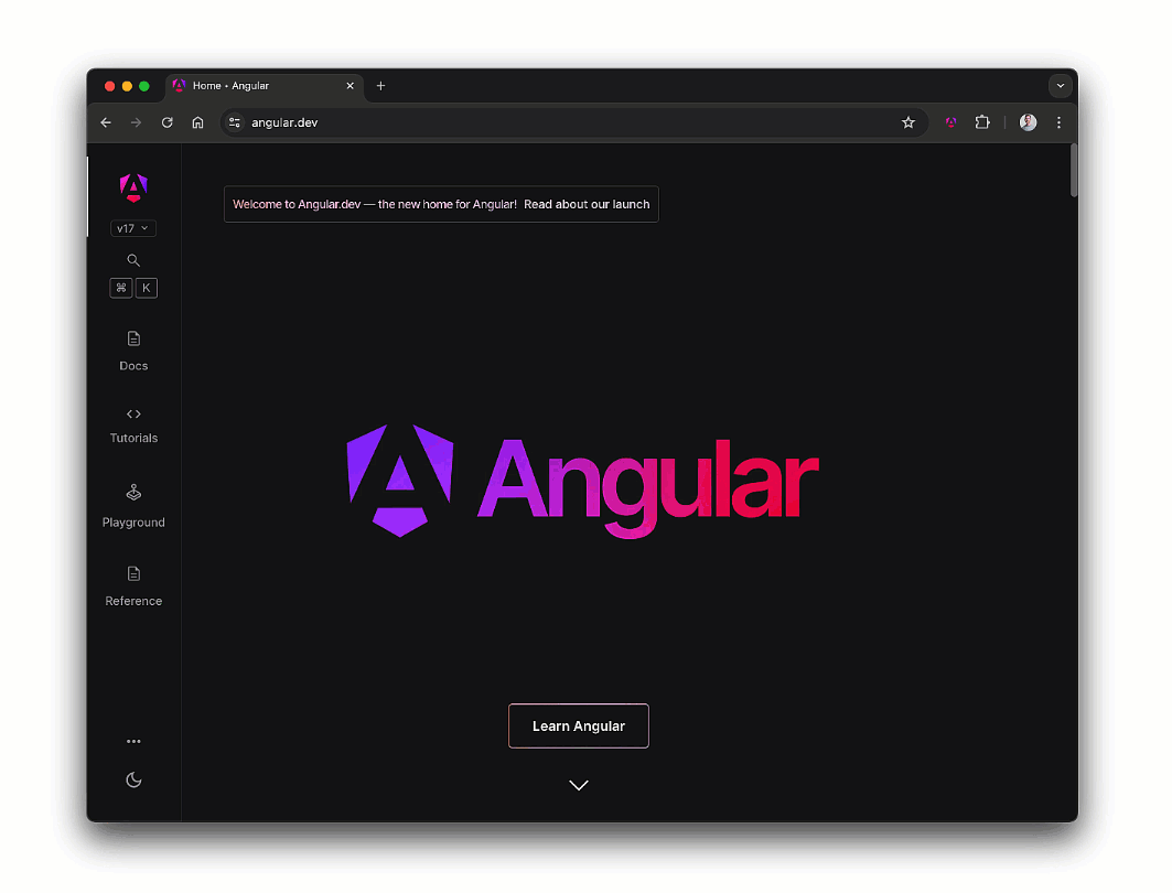 Gif showing the scrolling animation of the home page of Angular.dev. It starts with the Angular logo and ends with the playground.