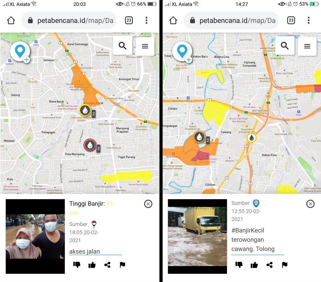 Visuals of citizens and local authorities reporting information on CogniCity Open-source Software deployed in Indonesia