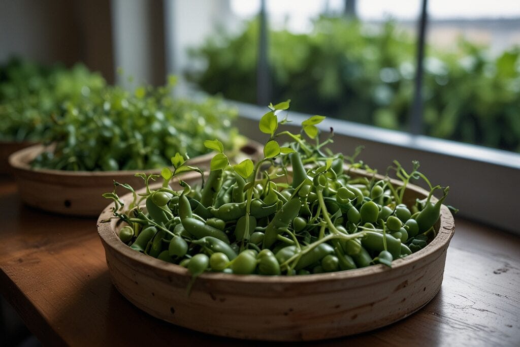 Fresh green peas in wooden baskets on a table, with young pea plants in hydroponic systems visible by a window in the background.