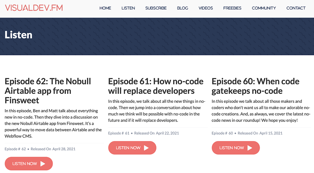 The Visual Developers Podcast Webpage