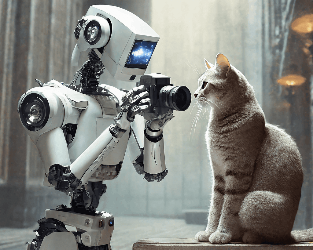 A robot taking a photograph of a cat