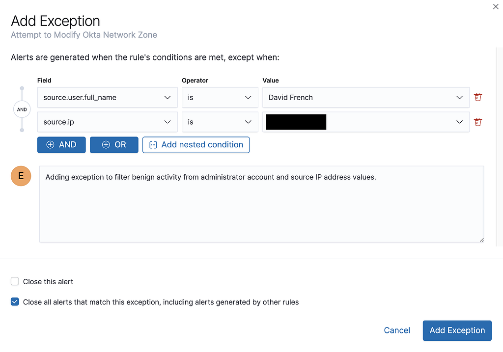 Figure 9 — Adding an exception to an Okta rule in Elastic Security