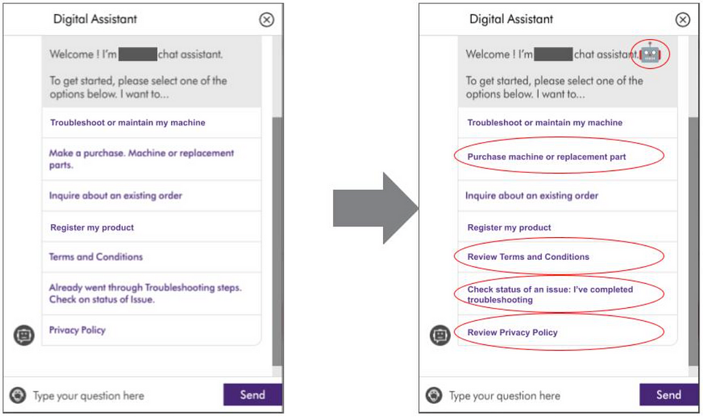 The image shows a chatbot welcome message on the left and on the right, the same chatbot welcome message is displayed with design improvements mentioned in the text.