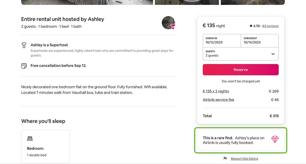 A screenshot of an Airbnb listing with a scarcity message.