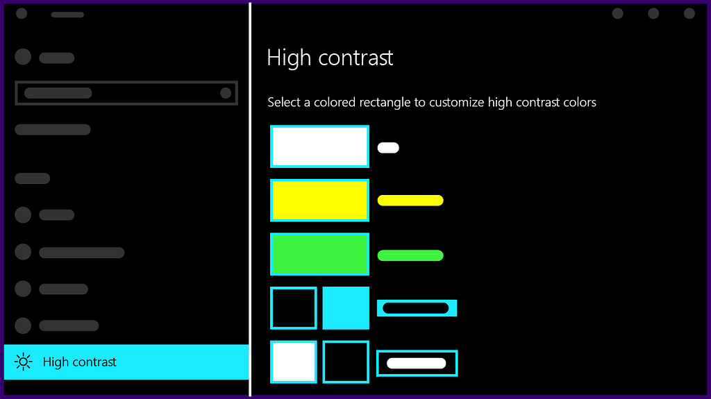 Screenshot of Microsoft Windows settings screen with High Contrast settings