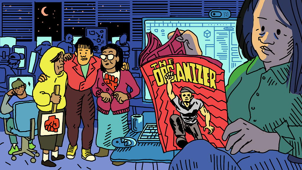 A game worker idly reads a comic book at their desk with a heroic labor organizer on the cover, unaware that behind them three of their coworkers are actually planning a union action