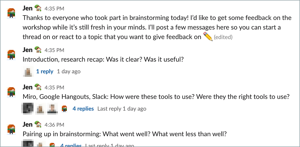 Screenshot of Slack conversation. Main messages are from Jen, asking for feedback. Icons indicate threaded responses.
