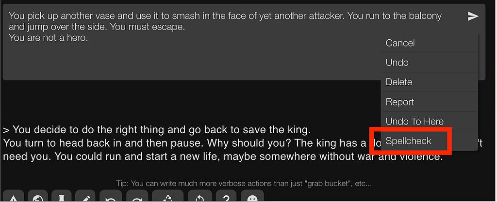 AI Dungeon game screenshot showing results of using the new AI Dungeon Translate feature. It is a modal with the header titled: “Hmm…”, repeating the game’s response: “You pick up another vase and use it to smash in the face of yet another attacker. You run to the balcony and jump over the side. You must escape. (New line here). You are not a hero.” Below is a new line showing five emojis, “Translation: wilted flower, face with monocle, face screaming in fear, world map, person running.”