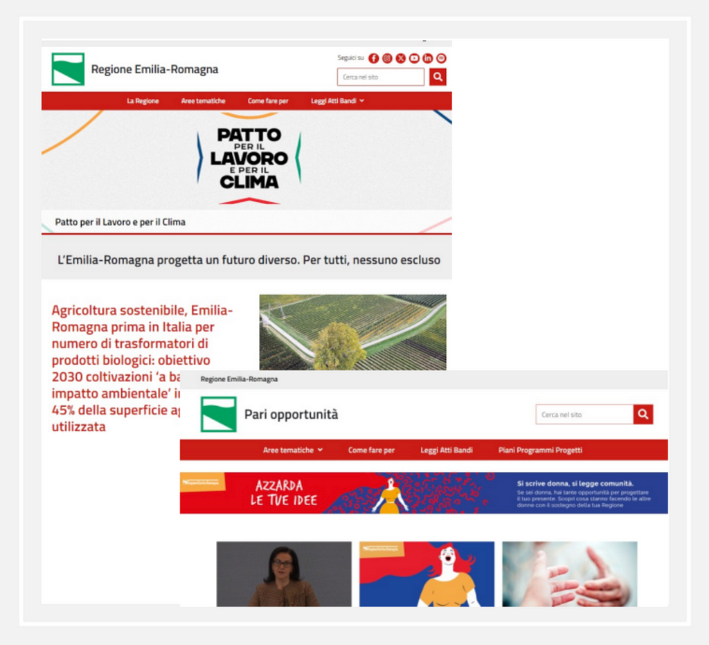 The image shows two screenshots of the thematic portals of the Emilia-Romagna Region.