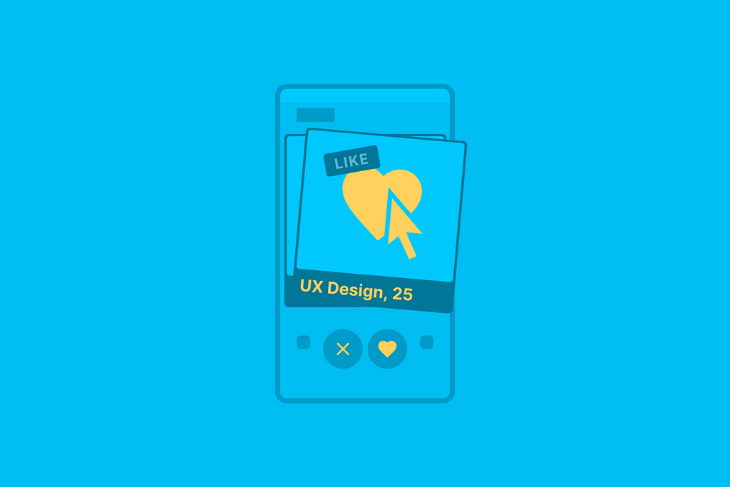 An illustration of a phone showing a dating profile for the job of UX design