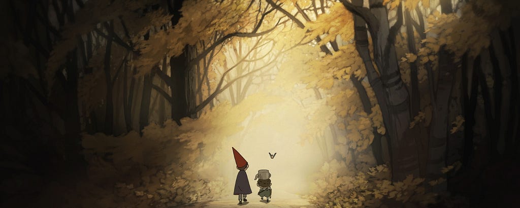 Two cartoon figures and a bird walk in an autumn forest