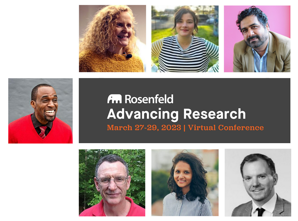 Images of the seven UX Research experts along with the conference logo.