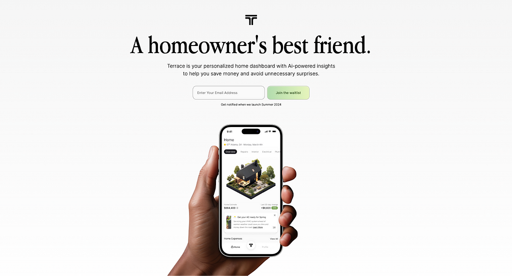 Terrace homepage. Headline: A homeowner’s best friend.