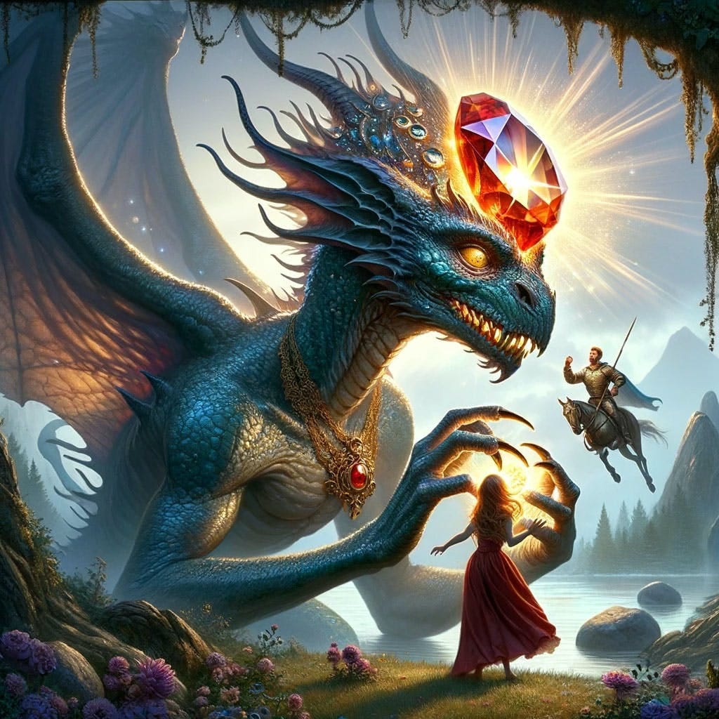 Photorealistic depiction of a Zmeu, a creature from Romanian folklore, with a large red gem on its head that shines like the sun, vibrant blue scales, and detailed wings, interacting with a young woman in a flowing red dress and a knight charging on horseback, set against an idyllic natural backdrop with sunlight filtering through the trees.