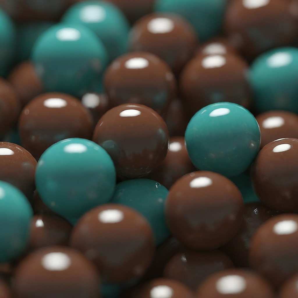 Close-up image of brown and blue chocolate candies, symbolizing the unseen child labor in the chocolate industry