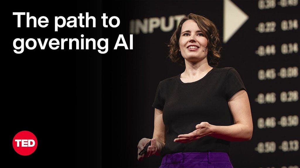 Image of Helen Toner onstage with the TED logo and the words “The Path to governing AI”.