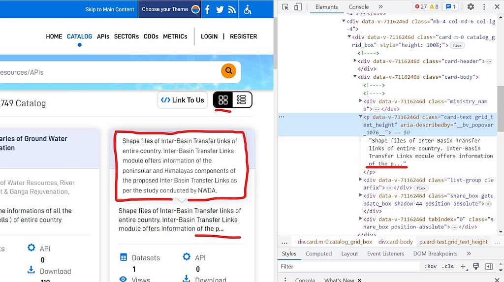 Grid view of a page in data.gov.in which causes the paragraph to be truncated