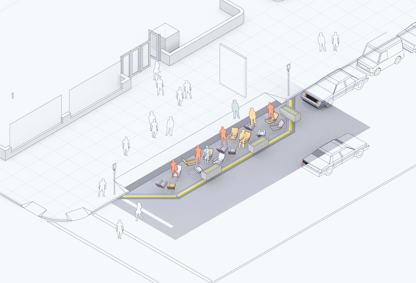Gif of a curb space being used for different uses, like car parking, truck loading, curbside dining.