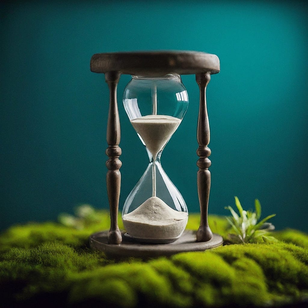 A detailed view of an hourglass resting on a bed of moss, representing the continual evolution of sustainability and ESG practices in line with the progression of time.