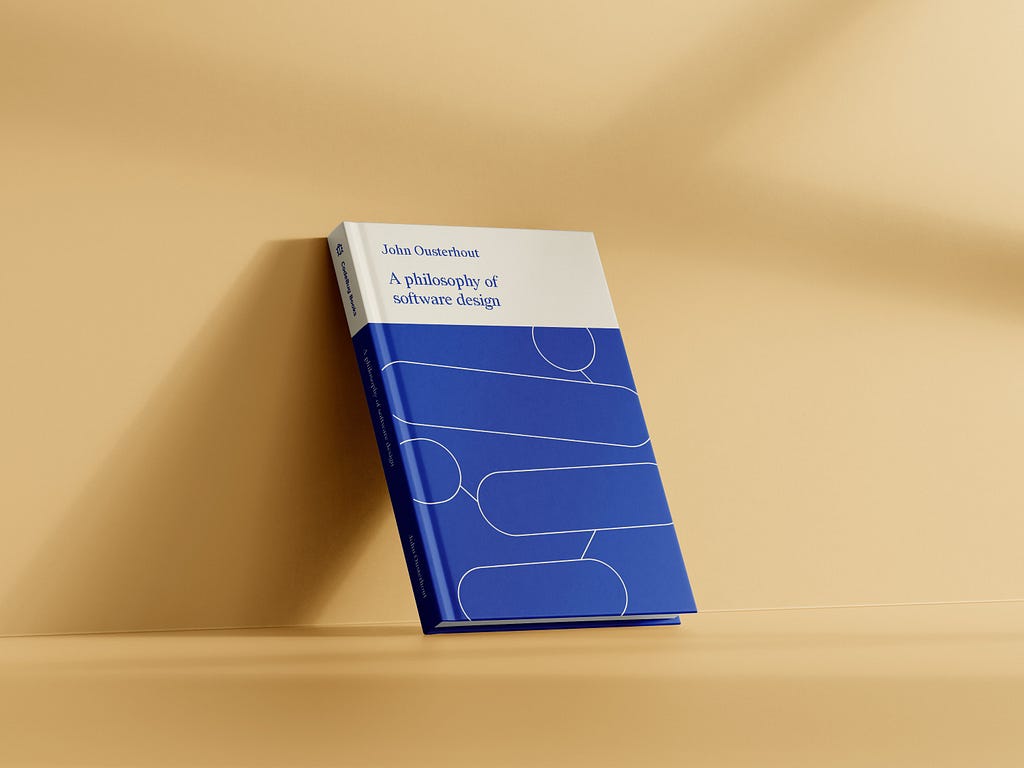 A design of the cover of the book ‘A Philosophy of Software Design’, leaning against the wall, with a yellow background.