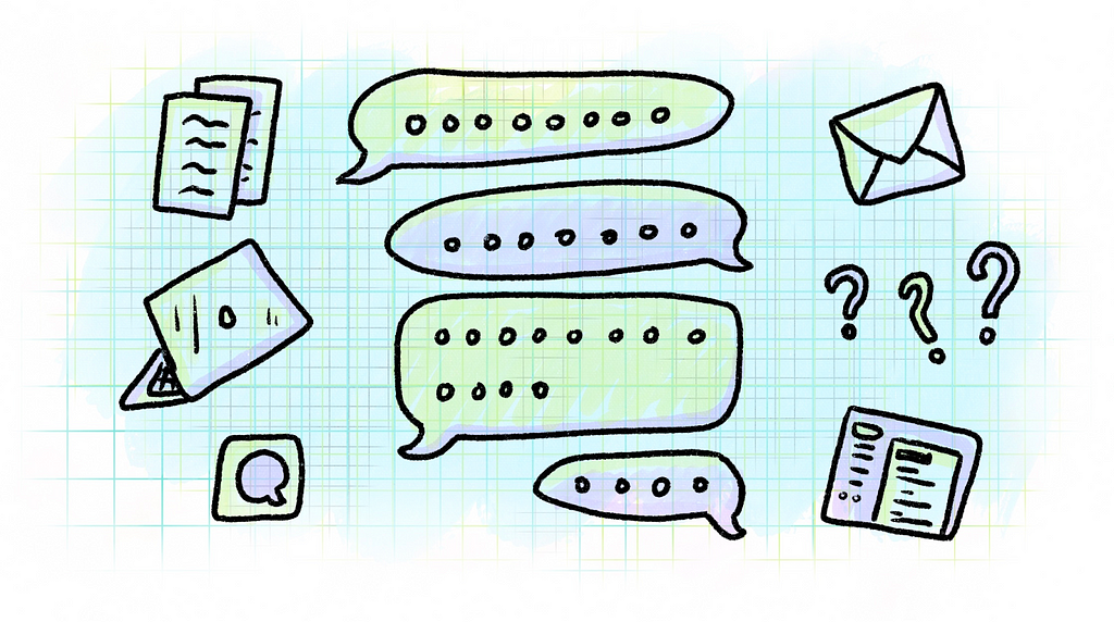 Various illustrations of communication formats: written papers, a laptop, a messaging app icon, message bubbles from a conversation, an envelope, question marks, and a webpage.