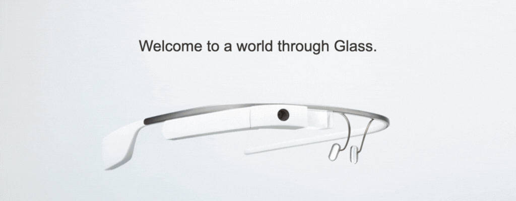GIF showing four images on rotation — 1) The Google Glass over with the words “Welcome to a world through Glass.”; 2) a mountain with hiking directions; 3) green vegetables and a sign with with the translation, “Ban bang-half a pound” overlayed; 4) the Brooklyn Bridge with overlayed details. Original photos by Google found here: https://www.google.com/glass/start/ and archived here: https://web.archive.org/web/20140112074313/http:/www.google.com/glass/start/what-it-does/