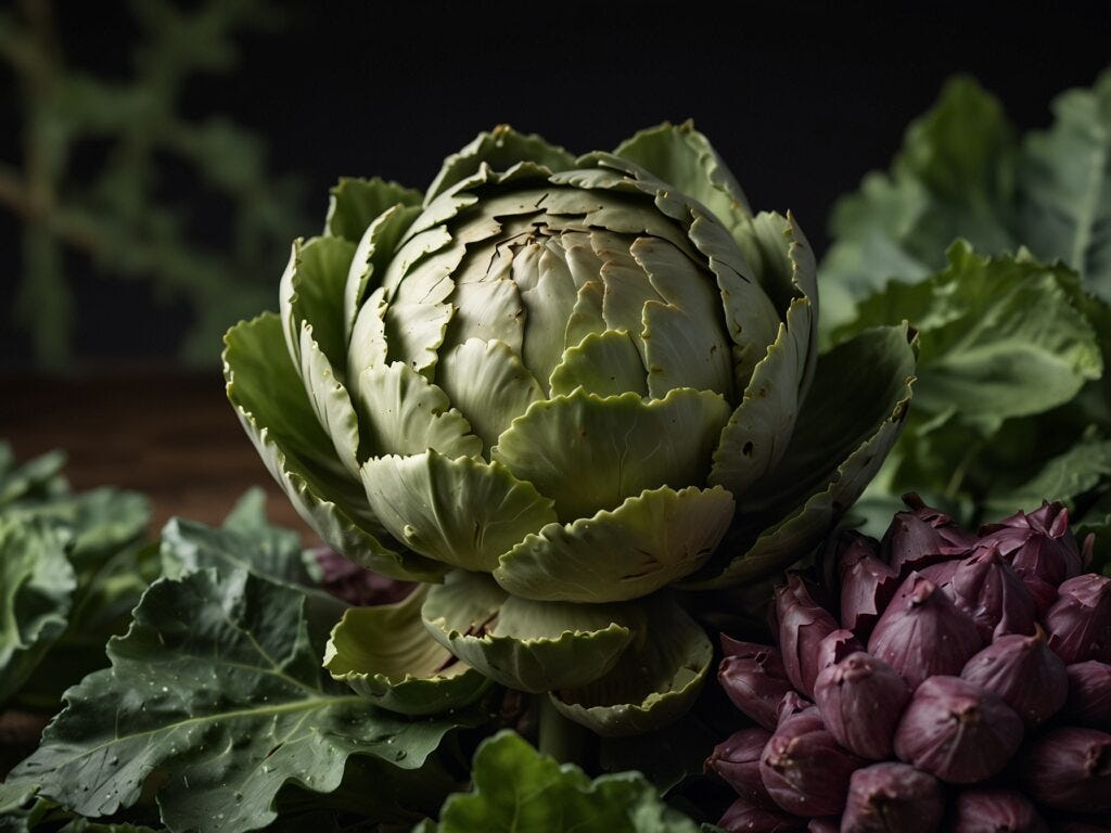 Close-up of a fresh hydroponic artichoke with vibrant leaves, surrounded by purple artichokes and green foliage on a dark background.