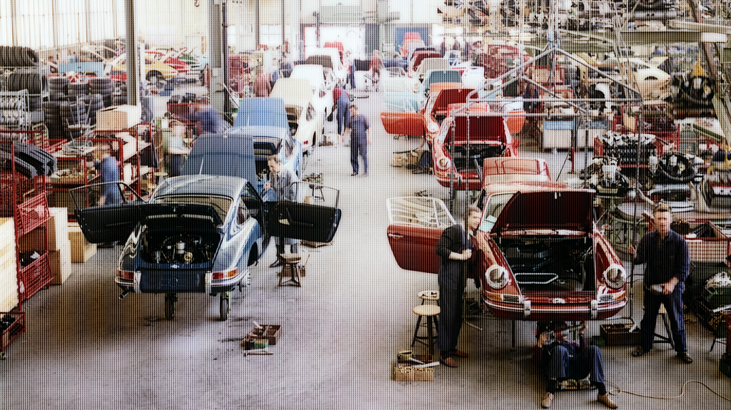 Porsche assembly line in the 1970s