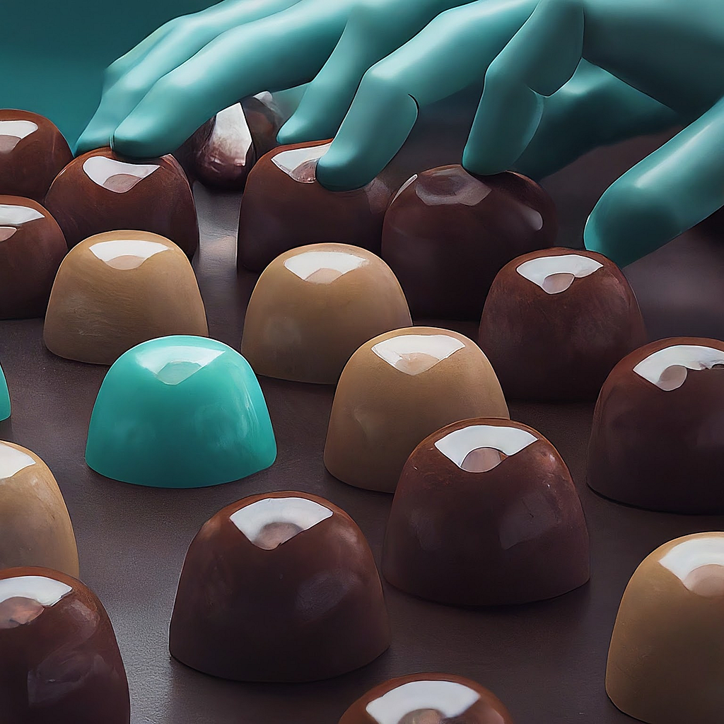 Hands in gloves arranging various chocolates, symbolizing the hidden child labor in the chocolate industry