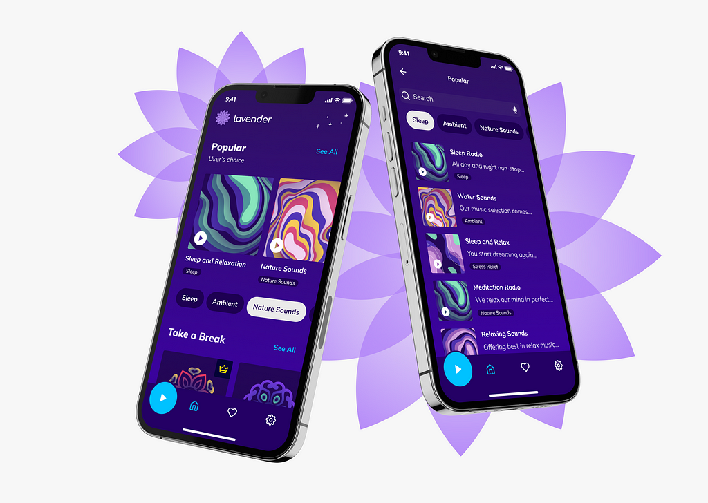 Lavender App design conveys the brand name — purple tones, illustrations, and fonts follow the idea of ​​the brand name.