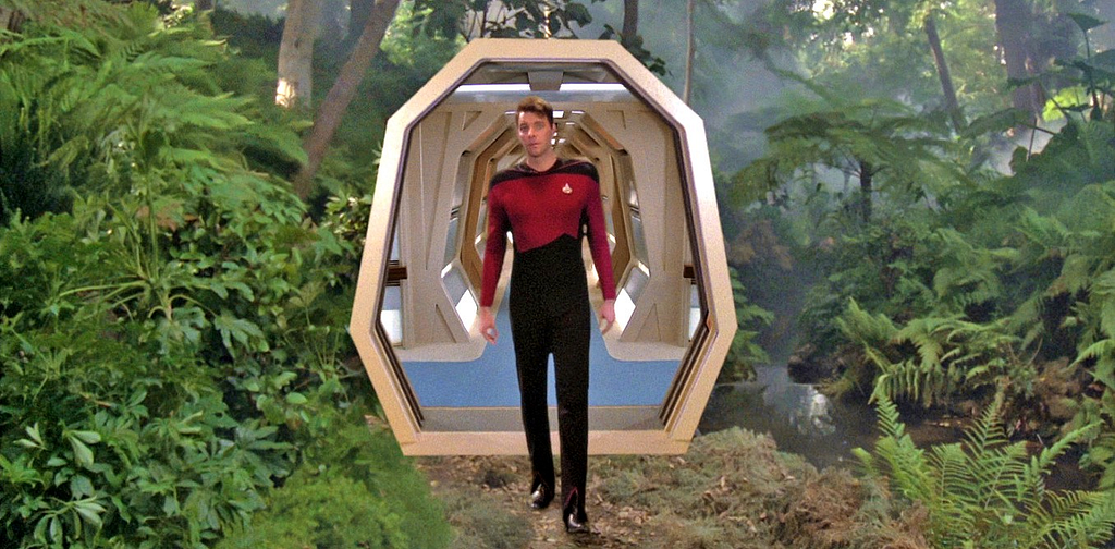 photo of William Riker entering the Holodeck into a Jungle Simulation.