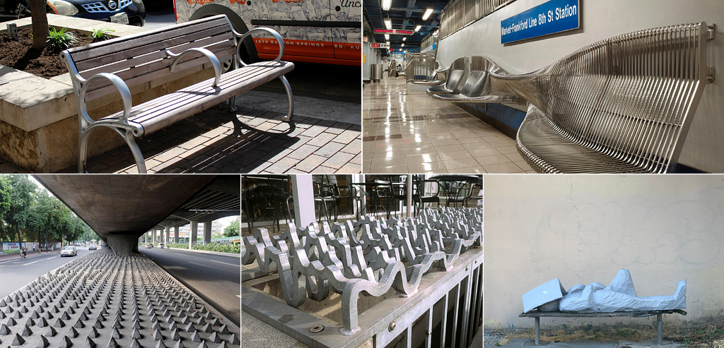 Various images of hostile architecture. Most surfaces have spikes of curves in them that are designed to make it impossible to sleep or rest.