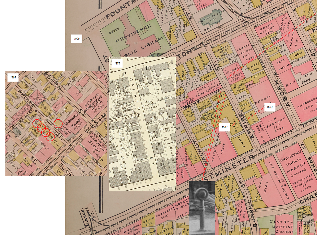 clips of old maps with date labels and red lines and labels marking raids and details from photos