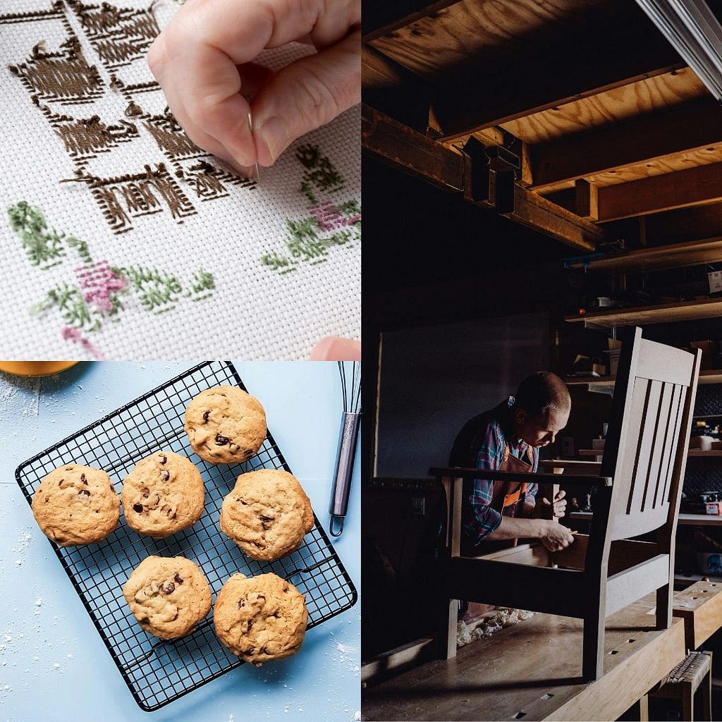Collage image including hand performing needlepoint, cookies cooling on a rack, and man making a wooden chair