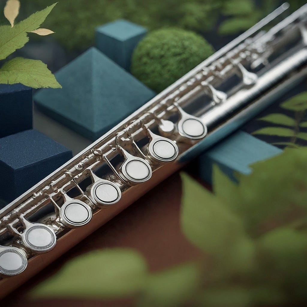 Close-up view of a shiny silver flute with its detailed keys, surrounded by green leaves, symbolizing the blend of music and nature in the context of sustainability. The blue geometric shapes and green spherical object in the background add depth and color to the composition.