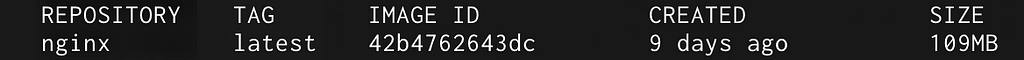 A line of terminal text showing the output of the command `docker image list`.