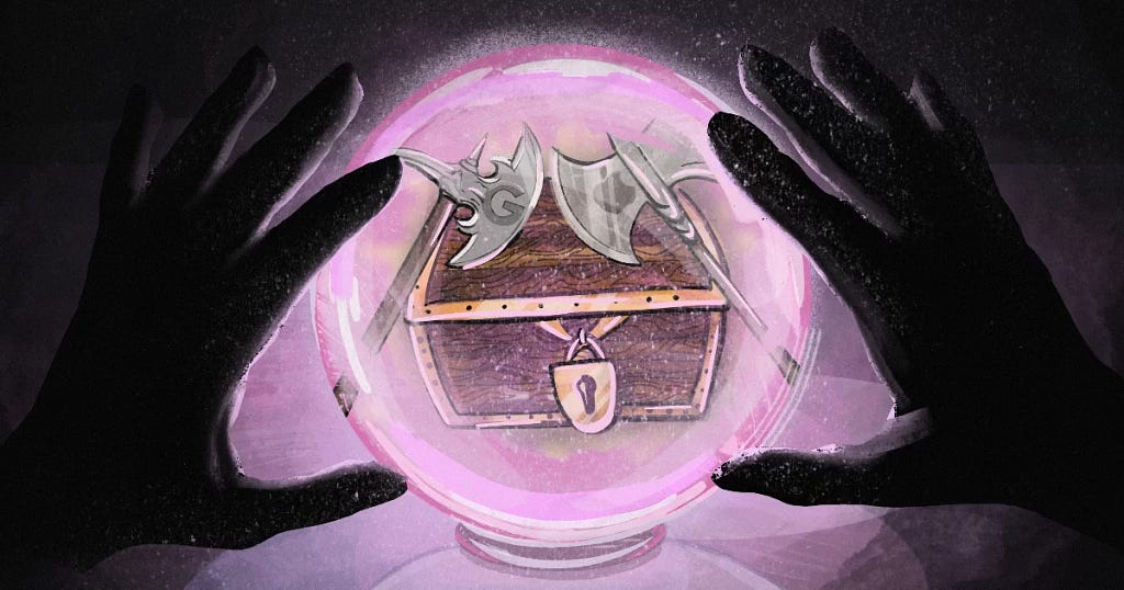 A crystal ball showing someone trying to break open a locked chest