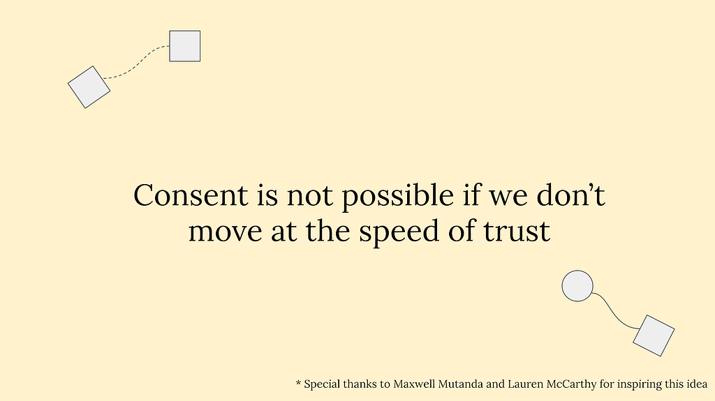 Slide reading “Consent is not possible if we don’t move at the speed of trust” with circles and squares connected via w