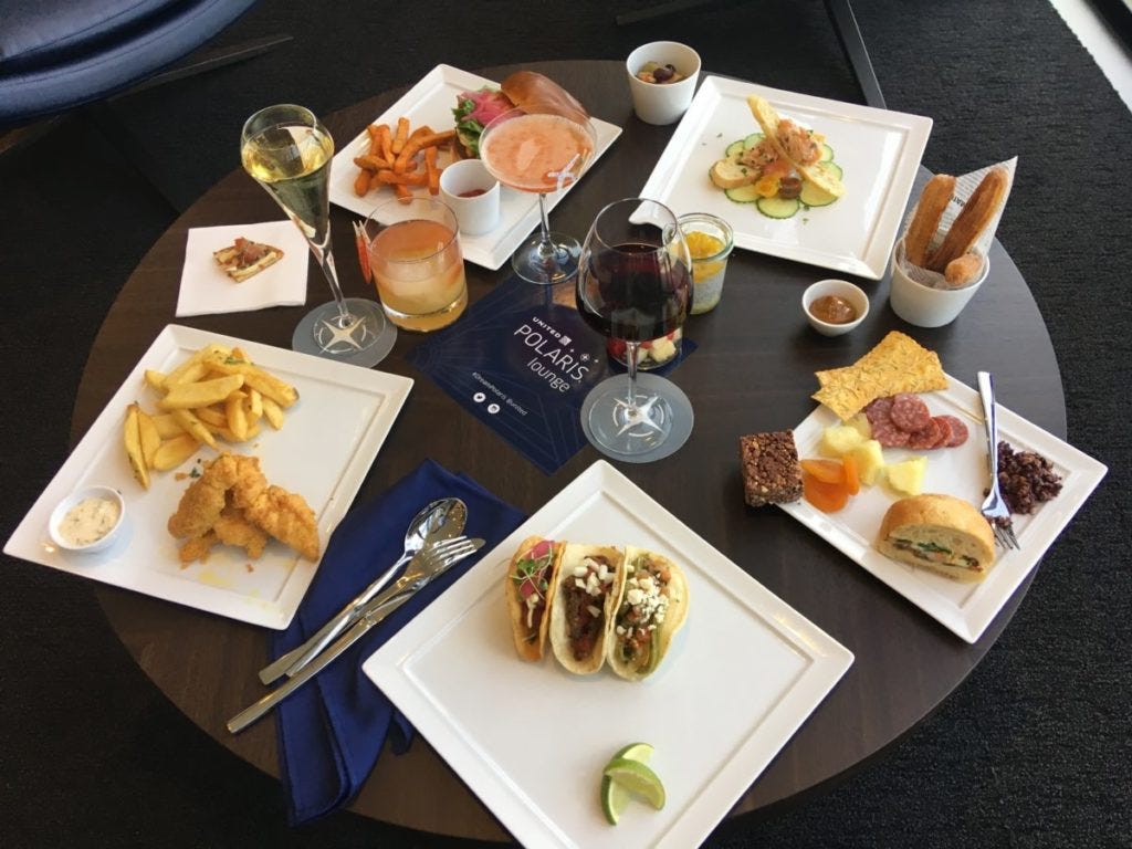 Some of the many meal options from the buffet and dining room at United's new Polaris Lounge in Los Angeles (LAX)