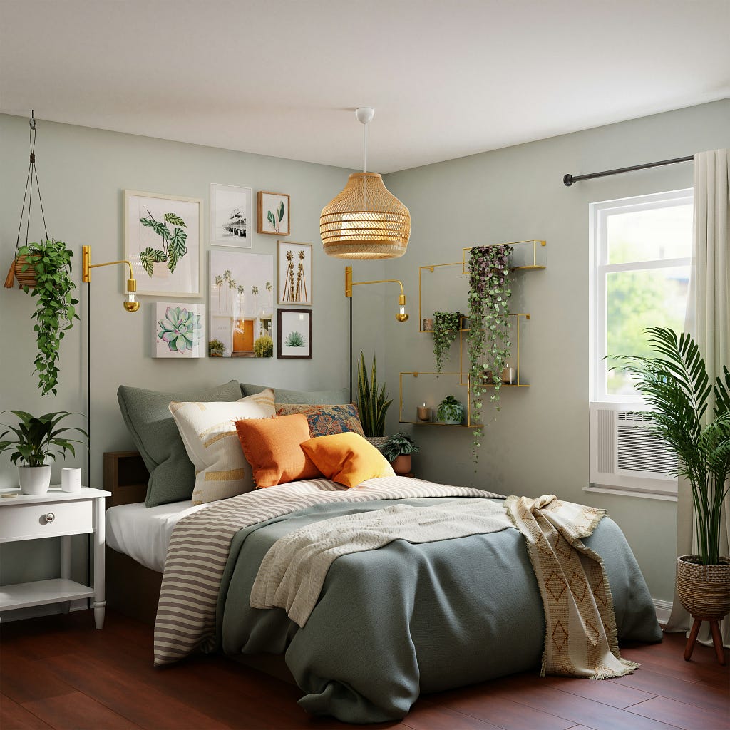 A white and green bedroom showcasing hanging plants