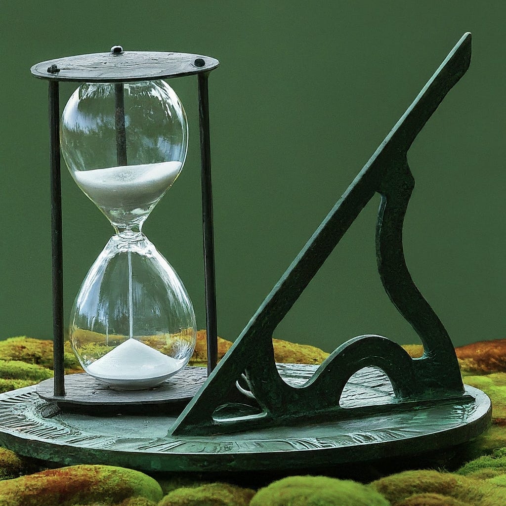 Hourglass resting on a sundial, representing a shift towards a sustainable future.