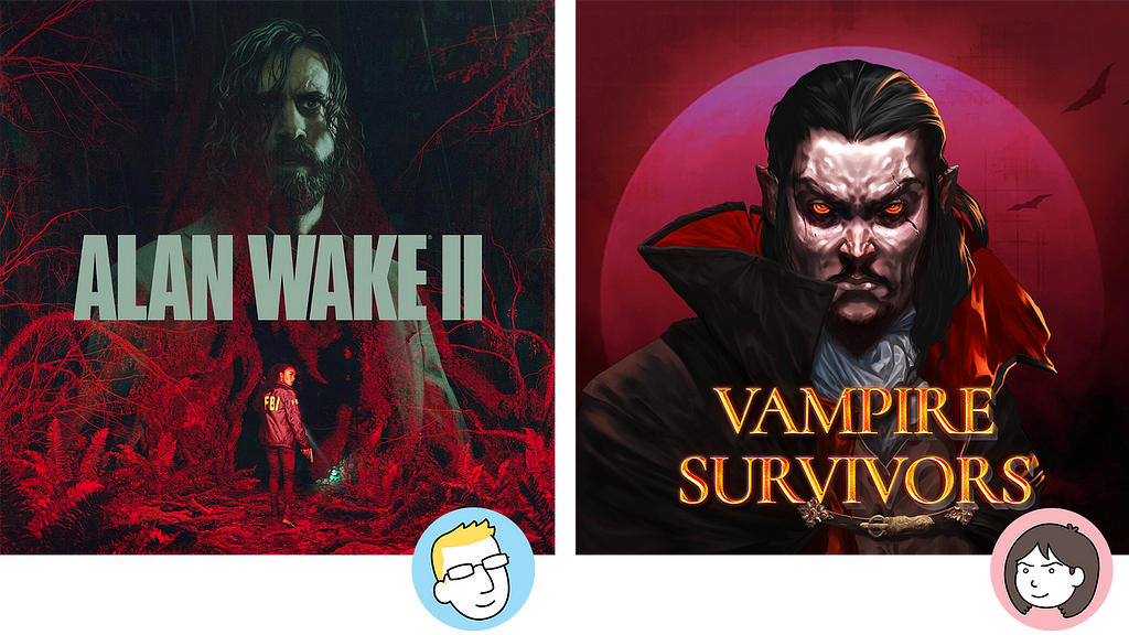 Box art for “Alan Wake 2” and “Vampire Survivors”.