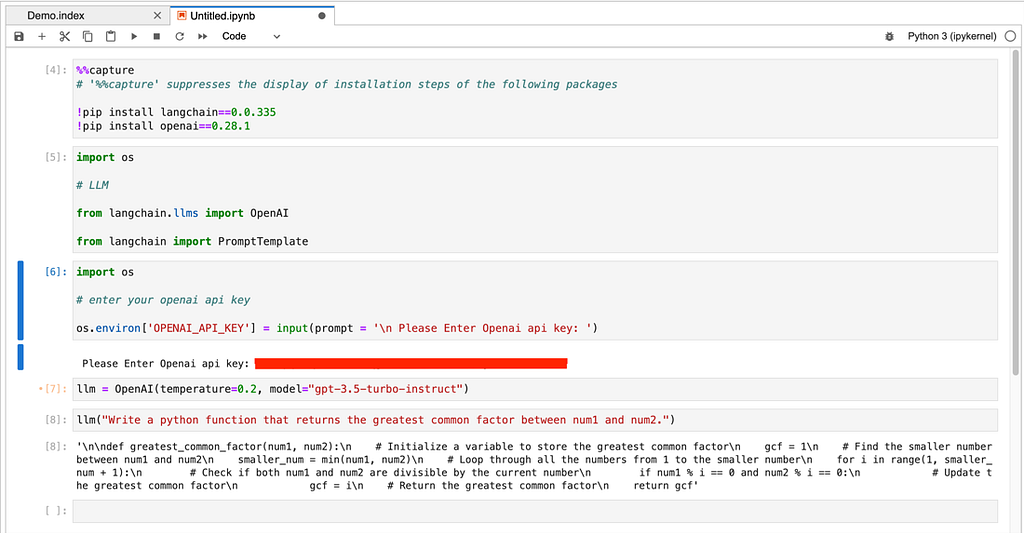 A Python 3 Jupyter Notebook screen, illustrating the setup process with four cells specifically used for installing libraries and importing modules, complete with displayed outputs for each cell.
