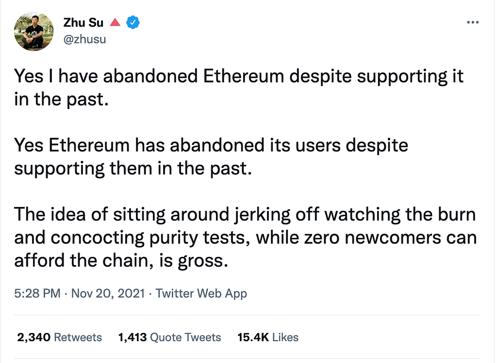 Zhu Su Tweet about Ethereum abandoning its users