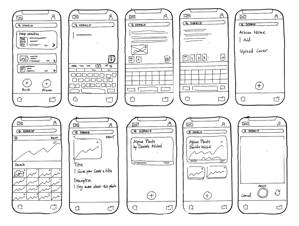 Sketching example that shows 10 quick sketches of a mobile app