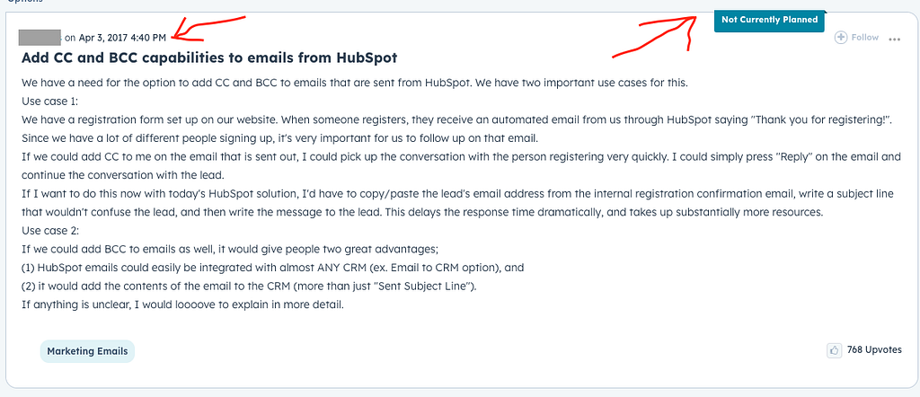 Forum request to add cc capabilities to HubSpot emails
